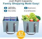 VENO 3 Pack Reusable Grocery Bags, Shopping Bags for groceries, Utility Tote with Handles and Hard Bottom, Foldable Shopping Cart Organizer, Water Resistant, Heavy-Duty (Light Blue, 6 Gallon)
