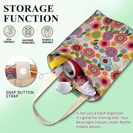 Car Trash Can, Cute Car Trash Bag, Hanging Car Organizer and Storage Bag, Trash Bin for Car Accessories, Vehicle, Travelling, Camping Cute Colorful Flowers