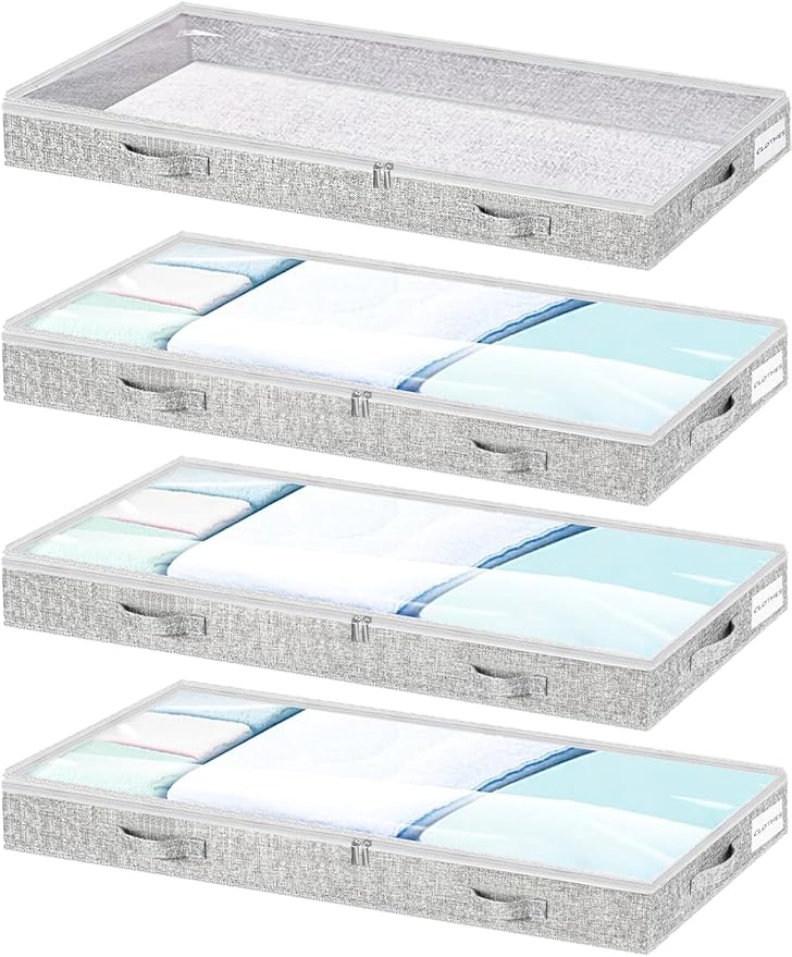 Low Profile Under Bed Storage, 3-Inch High Foldable Underbed Storage Bins with Lid & Zipper, No Structure, Super Slim Clothes