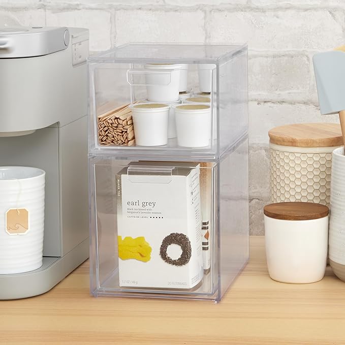 STORi Audrey Stackable Clear Bin Plastic Organizer Drawers | 2 Piece Set | Organize Cosmetics and Beauty Supplies on a Vanity