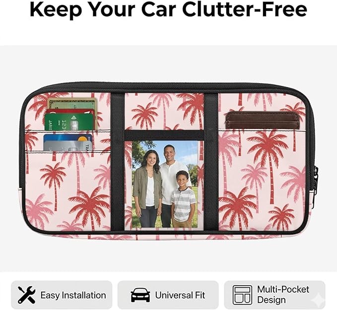 Pink Palm Tree Car Sun Visor Organizer with Multi-Pocket Car Sun Visor Storage Bag Easy to Store Keep Tidy Universal for SUV Truck Van
