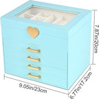 Kendal Jewelry Box, 5-Layer Jewelry Organizer Box with Glass Lid, Blue, Heart Shaped PU Leather, Storage Box for Necklace Ear
