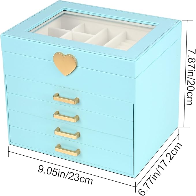 Kendal Jewelry Box, 5-Layer Jewelry Organizer Box with Glass Lid, Blue, Heart Shaped PU Leather, Storage Box for Necklace Ear