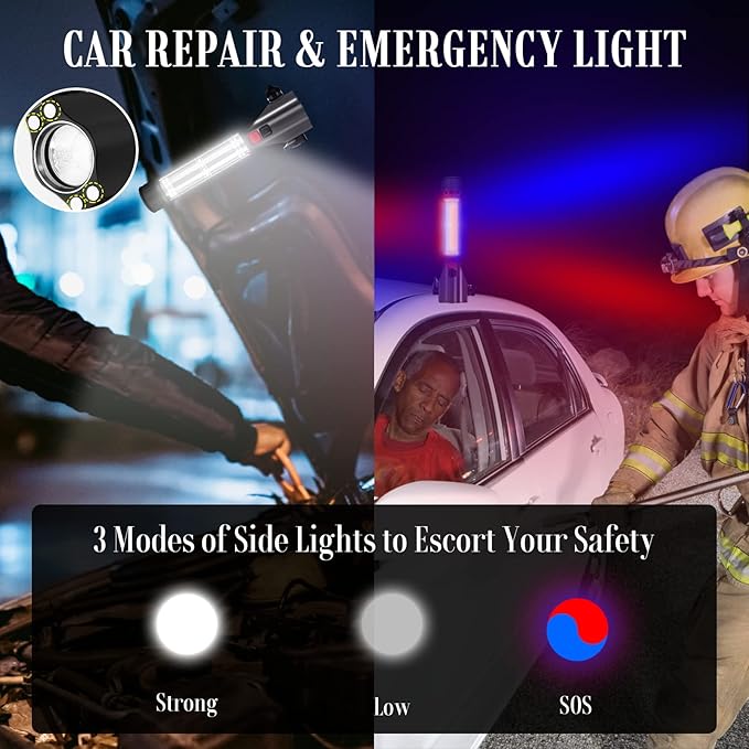 Solar Powered Car Safety Hammer Flashlight with Seatbelt Cutter, LED High Lumens, Red and Blue SOS Flashing, USB Charging, Ma