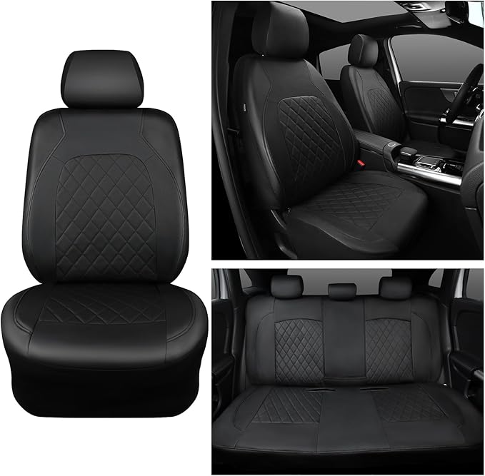 Universal Deluxe Pu Luxury Vinyl Faux Leather Car Seat Covers Full Set, Airbag Compatible, Breathable, Fit for Cars, Trucks, 