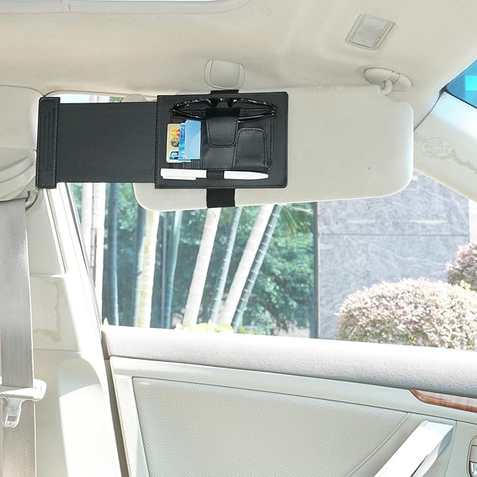 Universal Car Sun Visor Organizer and Extender - Anti-Glare Sunshade with Multi-Pocket Storage for Sunglasses, Cards, and More - Improve Driver Safety and Convenience, 1 Piece (Black)
