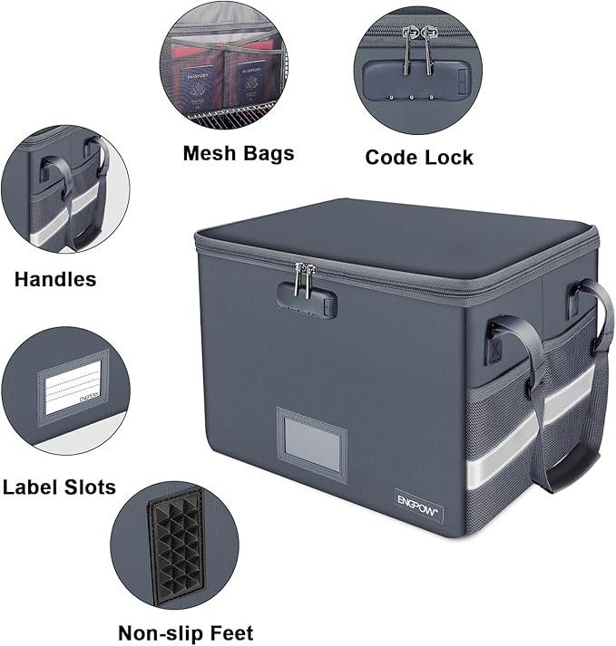 ENGPOW File Box with Lock, Fireproof Document Box with Pockets, Collapsible File Organizer Filing Storage Cabinet with Handle