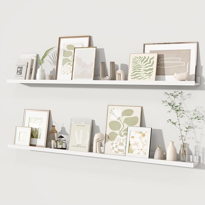 Fun Memories Picture Ledge Shelves Set of 2, 55 Inch Rustic Wall Mounted Floating Shelves with Lip for Home Storage and Décor
