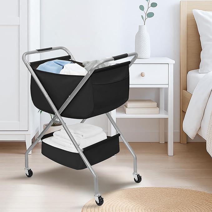 STORAGE MANIAC Collapsible Laundry Cart with Wheels 31.5"H Rolling Laundry Hamper Clothes Basket with Wheels, Canvas Liner St
