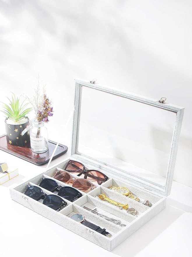 Coward Sunglass Organizer Tray Box, Grey Beige Velvet Eyeglasses Display Tray Case with Transparent Glass Lid for Home Use or