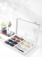 Coward Sunglass Organizer Tray Box, Grey Beige Velvet Eyeglasses Display Tray Case with Transparent Glass Lid for Home Use or