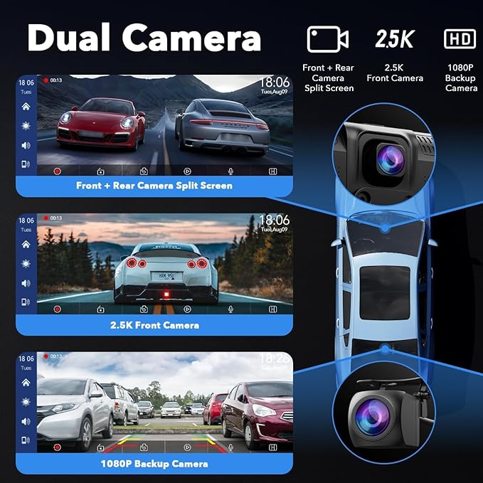 LAMTTO 9.26" Wireless Carplay and Android Auto with 2.5K Dash Cam, 1080P Backup Camera, Portable Touchscreen GPS Navigation f