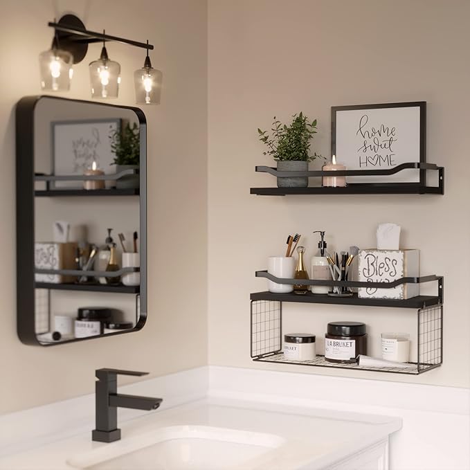 WOPITUES Floating Shelves with Wire Storage Basket, Bathroom Shelves Over Toilet with Protective Metal Guardrail, Wood Wall S