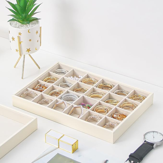 Stackable Jewelry Organizer Tray For Drawers,White Leather Small Earring Storage Tray,Bracelet And Necklace Display Box,Jewel