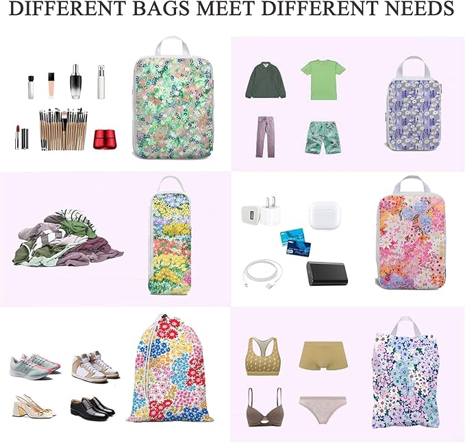6 Pcs Compression Packing Cubes Waterproof Suitcase Travel Bag Luggage Backpack Organizer Travel Cubes for Packing-Small Flor