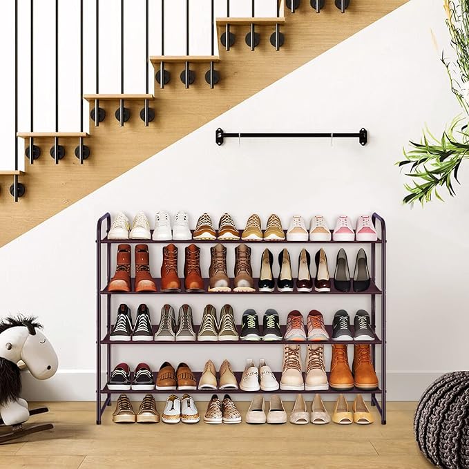 KIMBORA 4 Tier Long Shoe Rack for Closet, Wide Shoe Storage Organizer Stackable Sneaker Shelf for Floor, Bedroom 30 Pairs (Br