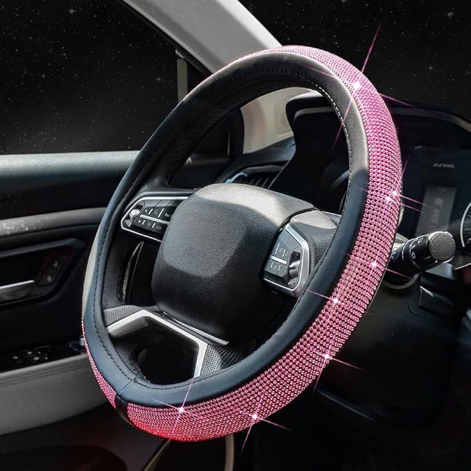 ChuLian New Diamond Leather Steering Wheel Cover with Bling Bling Crystal Rhinestones, Universal Fit 15 Inch Car Wheel Protec