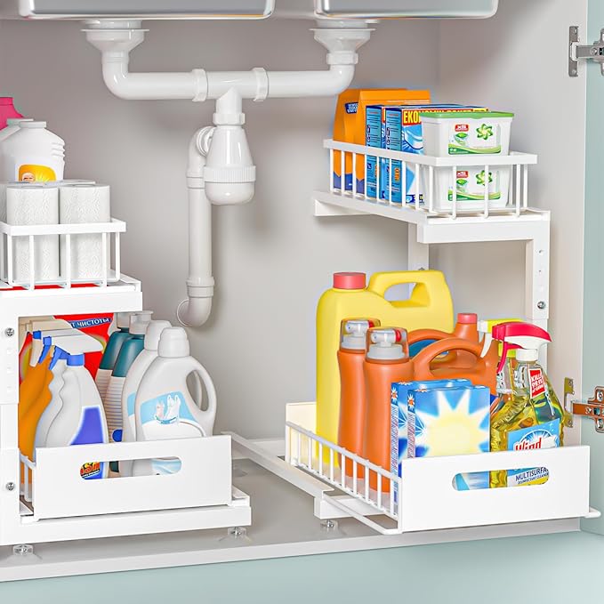 Under Sink Organizer, 2-Tier Premium Metal Pull-Out Racks with Adjustable Height, Heavy Duty Sliding Bin for Bathroom and Kit