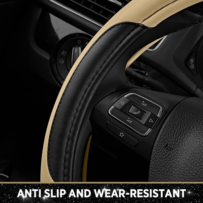 Road Comforts Leather Steering Wheel Cover - Made with PVC Leather - Anti-Slip, Universal Fit 14 1/2 inches to 15 inches - Be
