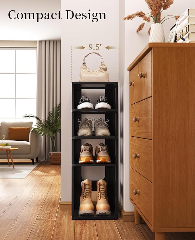 HAIXIN Shoe Organizer Rack for Small Spaces 5 Tier Plastic Vertical Narrow Shelves for Closet Black Shoe Holder, Stand for En
