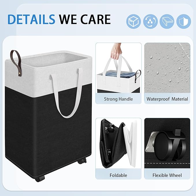 HomeHacks Laundry Basket with Wheels, Rolling Laundry Hamper, Collapsible & Waterproof Clothes Hamper, Narrow Corner Bins wit