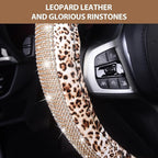 AUTOYOUTH Leopard Print Steering Wheel Cover - Bling Crystal Rhinestones Cheetah Print on PVC Leather Non-Slip Breathable Des