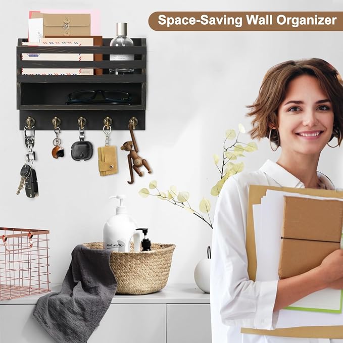 Mail and Key Organizer for Wall – Key Holder Wall Mount with Storage Box and 5 Key Hooks, Mail Holder Wall Mounted for Entryw