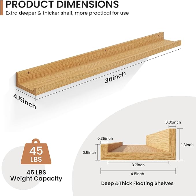 Fun Memories Picture Ledge Shelves Set of 2, 36 Inch Rustic Wall Mounted Floating Shelves with Lip for Home Storage and Décor