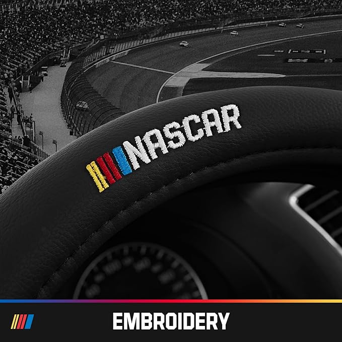 NASCAR Steering Wheel Cover, Two-Tone Black Leather Patchwork, Universal Fit 14.5"-15.5" Steering Covers for Cars, Anti-Slip,