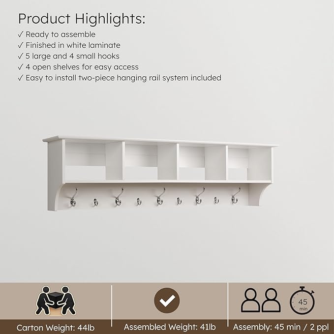 Prepac 60" Contemporary Wall Mounted Coat Rack, Coat Hooks Wall Mount with 4 Shelves, Ideal for Hallway or Entryway Storage S