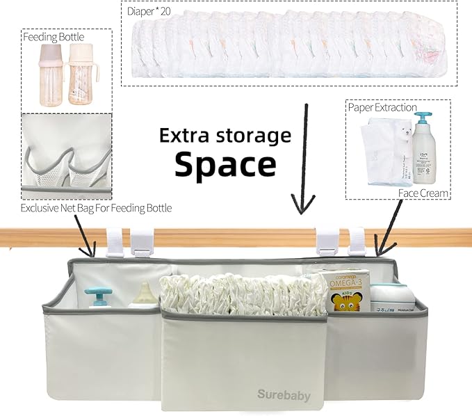 Hanging Baby Diaper Caddy, 3-in-1 Diaper Caddy Organizer Holder For Baby Crib, Nursery Organization Diaper Stacker Storage Fo