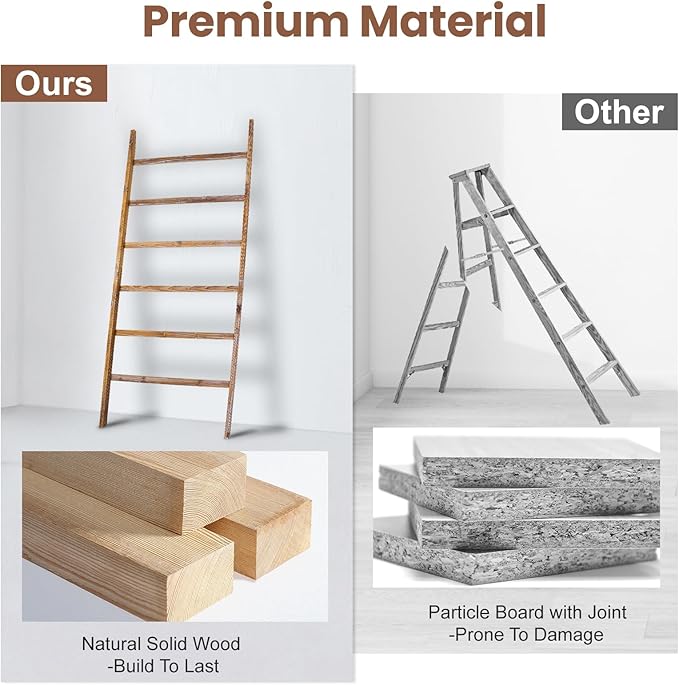 Blanket Ladder Shelf 6.4FT, 38 inch Wide Solid Wooden Blanket Ladder for Living Room, 6-Layer Farmhouse Rustic Towel Rack for
