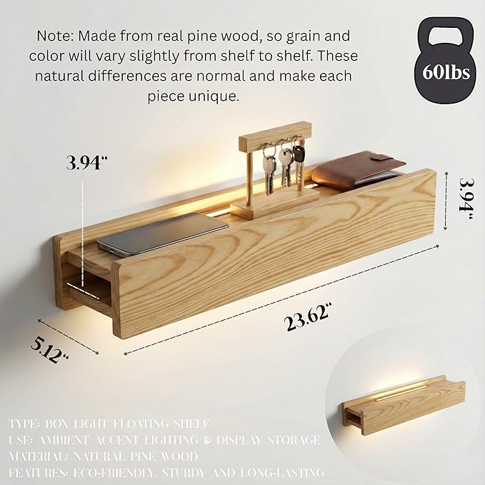 24" Natural Wood LED Floating Shelf, Heavy Duty Solid Pine Decorative Wall Mounted Shelf with Soft Ambient Lights, Minimalist