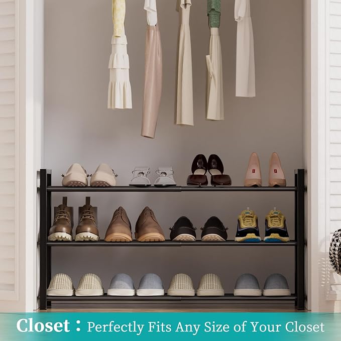 EKETE Expandable Shoe Rack,Adjustable and Stackable 3-Tier Shoe Rack Organizer, Shoe Rack for Closet,Space Saving,Metal Free 