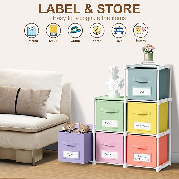 Geelin 6 Cube Toy Storage Organizer with Fabric Bins and Labels, 11 Inch Collapsible Colorful Cubby Storage Drawers Pastel Dr