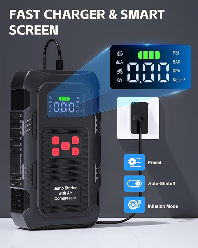 5000A Jump Starter with Air Compressor, Portable Car Battery Jump Starter with 150 PSI Tire Inflator for Up to 10.0L Gas and