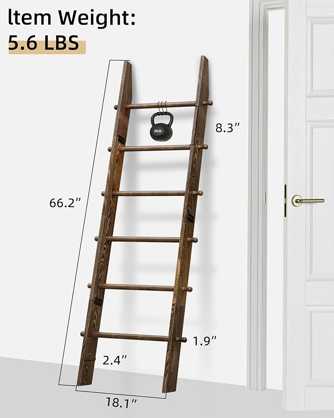 TEAKMAMA 6-Tier Blanket Ladder with Hanging Knobs,5.5 Ft Wall Leaning Blanket Ladders for Living Room Bedroom,Rustic Decorati