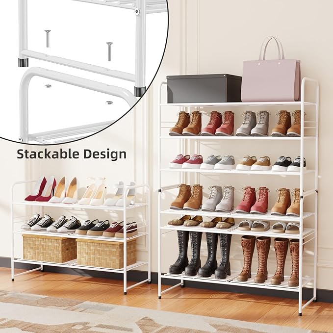SUFAUY 3 Tier 33" Wide White Metal Shoe Rack for Closet, Stackable