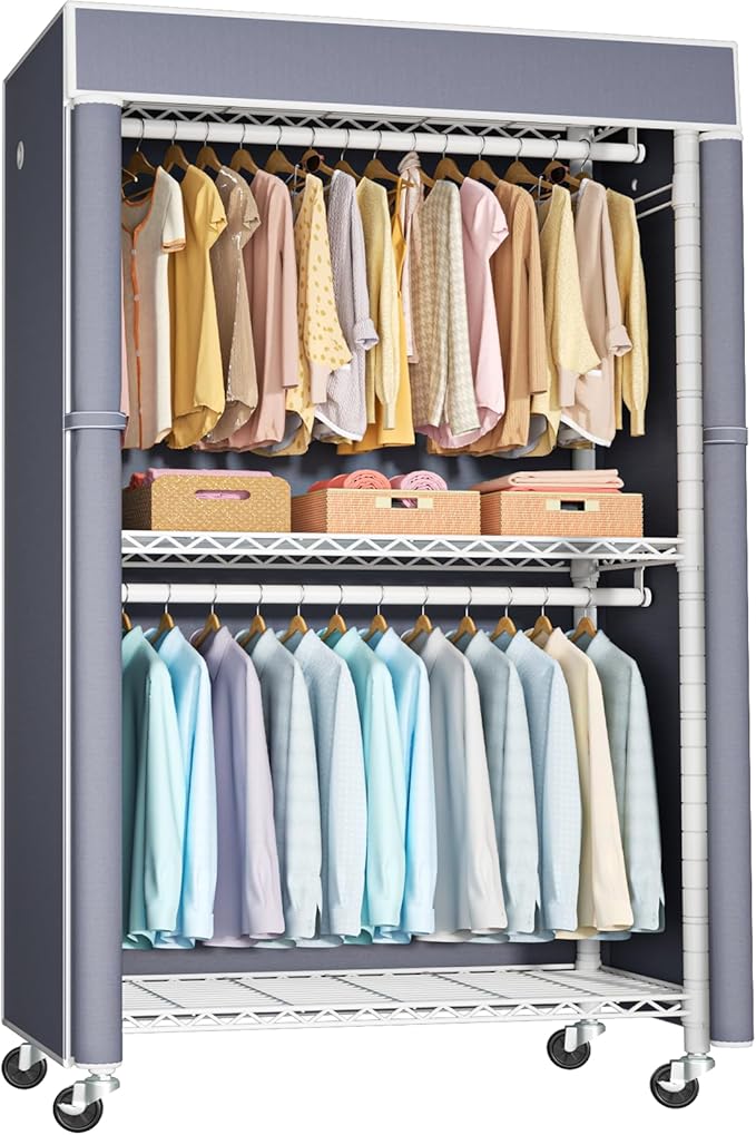 FUTASSI White Clothing Rack with Grey Cover, P1C Rolling Closet Rack with Wheels, Metal Garment Rack for Hanging Clothes, Clo