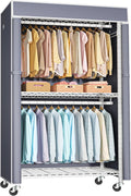 FUTASSI White Clothing Rack with Grey Cover, P1C Rolling Closet Rack with Wheels, Metal Garment Rack for Hanging Clothes, Clo