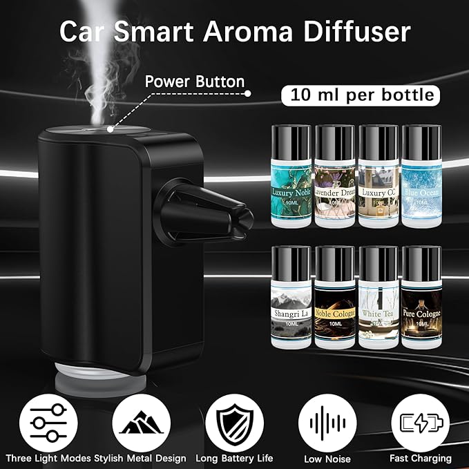 Smart Car Air Freshener, Car Air Freshener Diffuser with 3 Adjustable Light Modes, Rechargeable Aromatizante para Carro with 