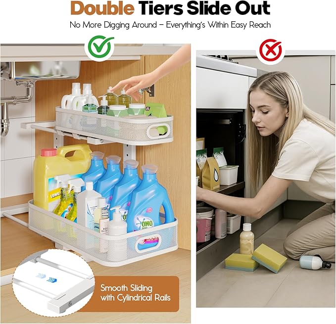 2 Pack 17.3IN-Depth Under Sink Organizer with Smooth Cylindrical Rail,2-Tier Pull Out Multi-Purpose Cabinet Storage for Bathr