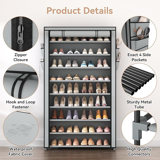 LANTEFUL Shoe Rack with Covers 10 Tier Tall Shoe Rack Organizer Large Capacity Shoe Shelf Storage 40 Pairs Space Saving Free 
