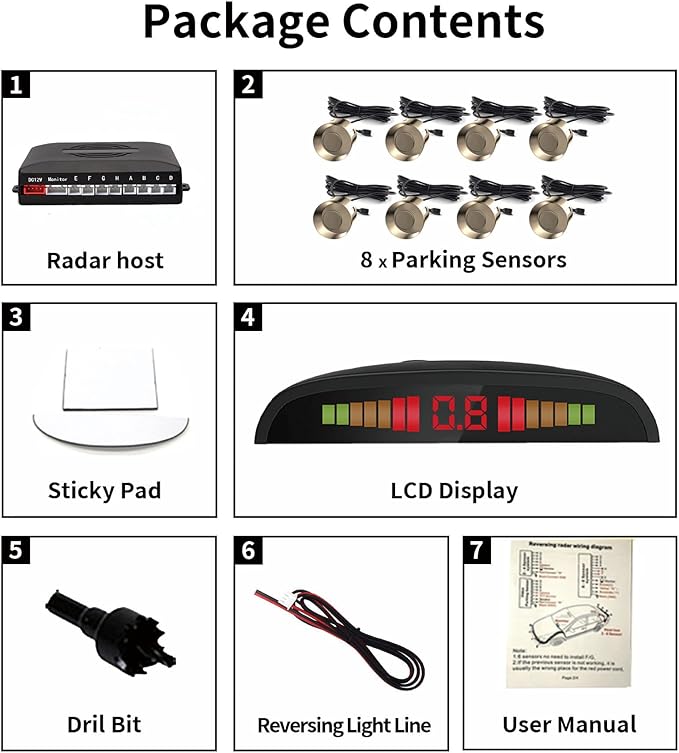 Car Reverse Parking Radar System with 8 Parking Sensors Distance Detection + LED Distance Display + Sound Warning (Champagne Gold Color)