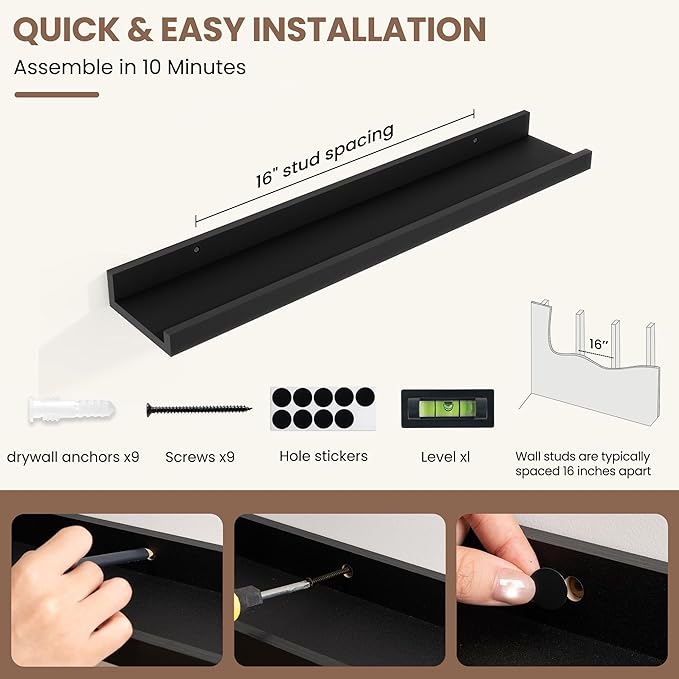 Fun Memories Picture Ledge Shelf, Black Floating Shelves Set of 4, 24 Inch Picture Shelves for Wall with Ledge, Large Nursery
