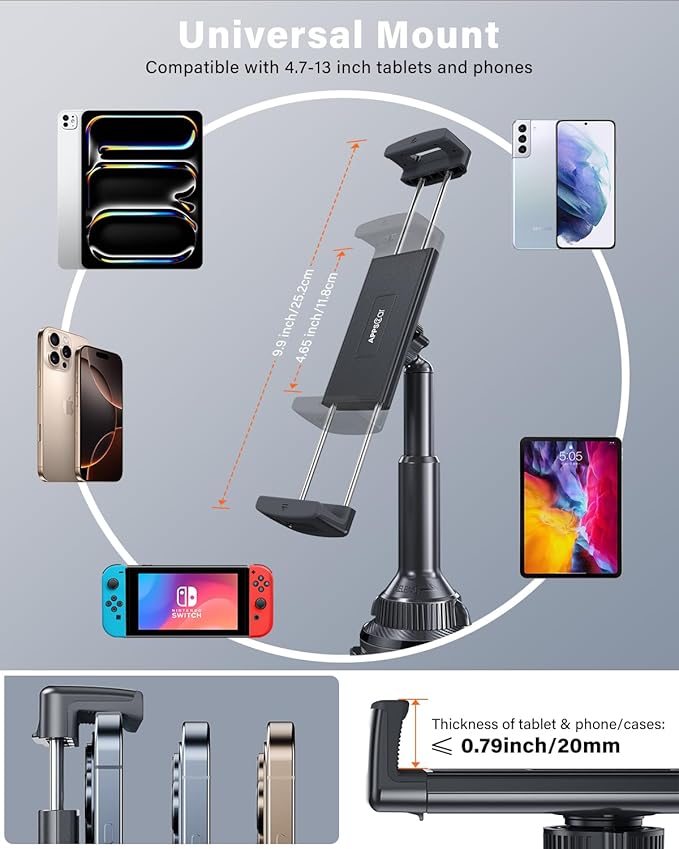 APPS2Car Tablet Holder for Car, Cup Holder Tablet Mount for Truck, Height Adjustable iPad Car Holder with 9.9" Wide Clamp for 4.7-13" iPad Pro Air Mini, Galaxy Tab, iPhone, Cell Phone