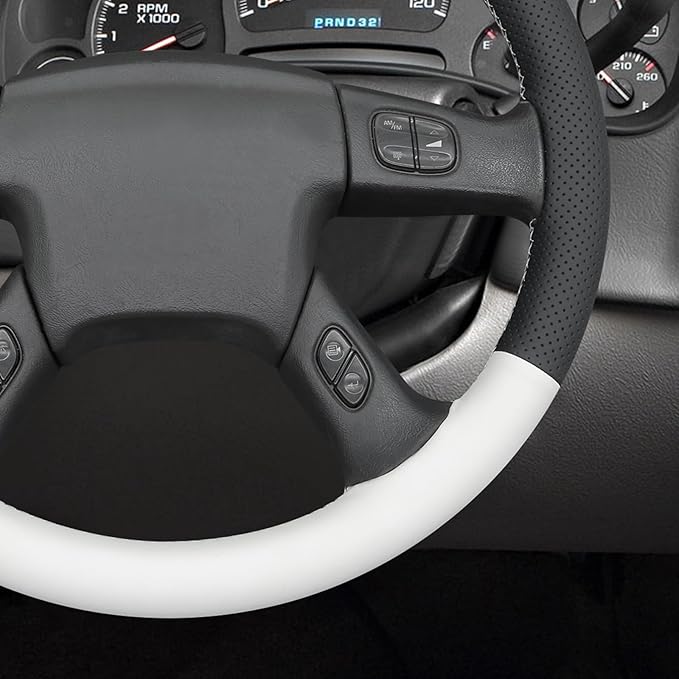 MEWANT Hand-Stitched Steering Wheel Cover for Chevy Silverado 1500 2003-2006 Trailblazer Black White Faux Leather Wrap