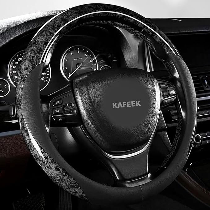 KAFEEK Wood Grain Steering Wheel Cover Microfiber Leather Universal 14 1/2-15 inch, Car Steering Wheel Cover Men Women, Comfo