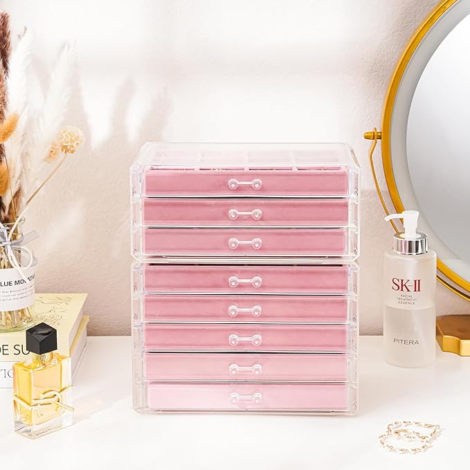 ProCase Earring Holder Organizer Jewelry Box with 8 Drawers, Acrylic Clear Earring Case with Adjustable Velvet Trays for Wome