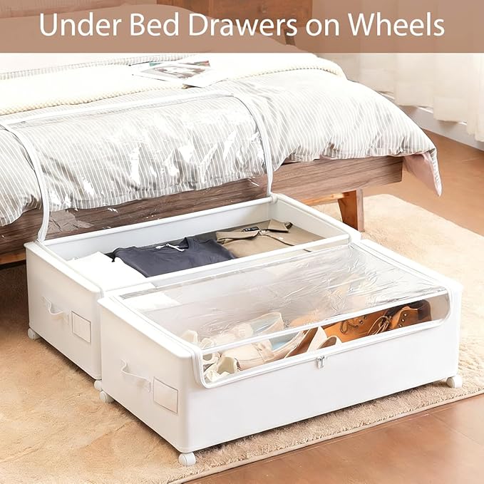 Under Bed Storage with Wheels, Rolling Under bed Storage with Metal Frame, Under Bed Shoe Storage for Space Saving, Zippered 